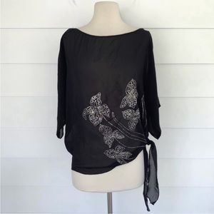 Vintage Teddi of California Semi Sheer Glitter Floral Knot Side Black Top